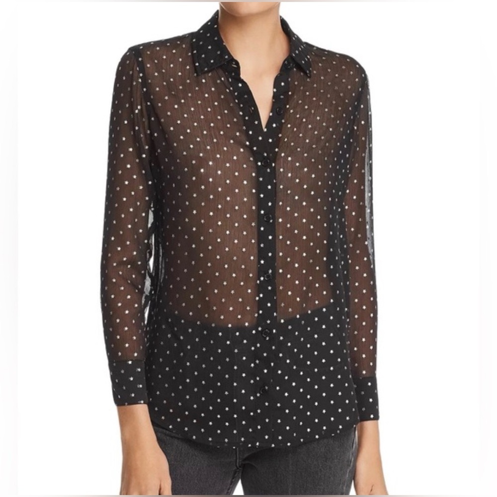 Elegant Black Sheer Polka Dot Button Down Shirt